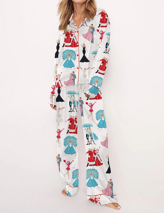 White Christmas Satin Long Sleeve Pajama Set For Women, Women's Loungewear