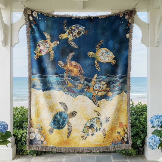 Sea Turtle 100% Cotton Woven Blanket, Coastal Cottagecore Wall Hanging Tapestry, Cozy Throw