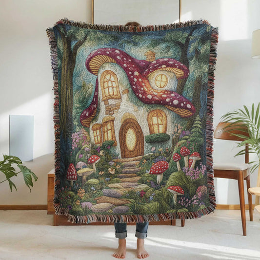 Mushroom 100% Cotton Woven Blanket, Cottagecore Fantasy Wall Hanging Tapestry, Cozy Throw