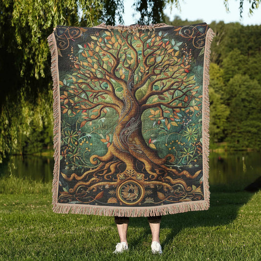 Tree Of Life 100% Cotton Woven Blanket, Folklore Wall Hanging Tapestry, Cozy Throw