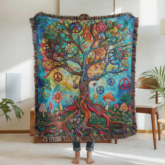 Tree Of Life 100% Cotton Woven Blanket, Boho Fantasy Wall Hanging Tapestry, Cozy Throw