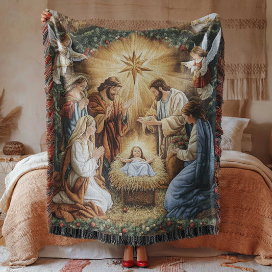 Nativity Faith Christmas 100% Cotton Woven Blanket, Holiday Wall Hanging Tapestry, Cozy Throw, Festive Gifts