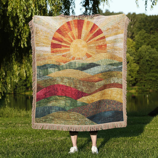 Sun Waves 100% Cotton Woven Blanket, Folklore Wall Hanging Tapestry, Cozy Throw