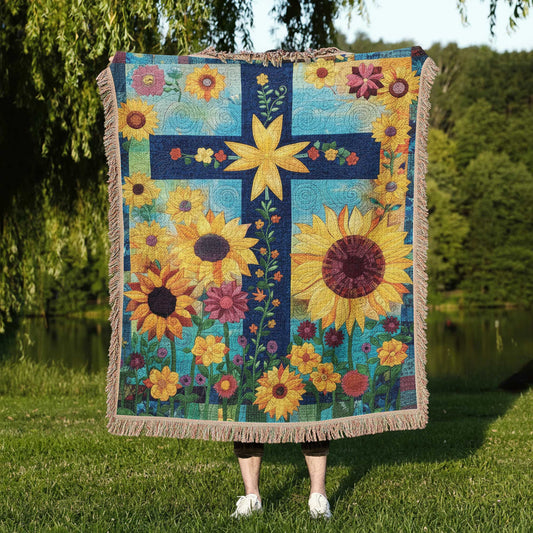 Sunflower Christ 100% Cotton Woven Blanket, Faith-inspired Cottagecore Wall Hanging Tapestry, Cozy Throw