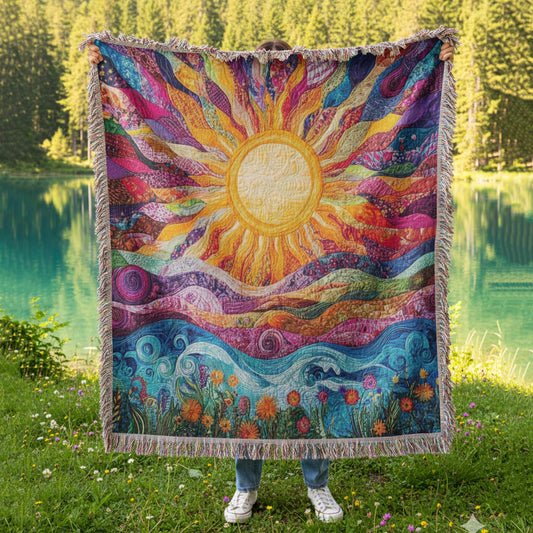 Sun Waves 100% Cotton Woven Blanket, Folklore Wall Hanging Tapestry, Cozy Throw