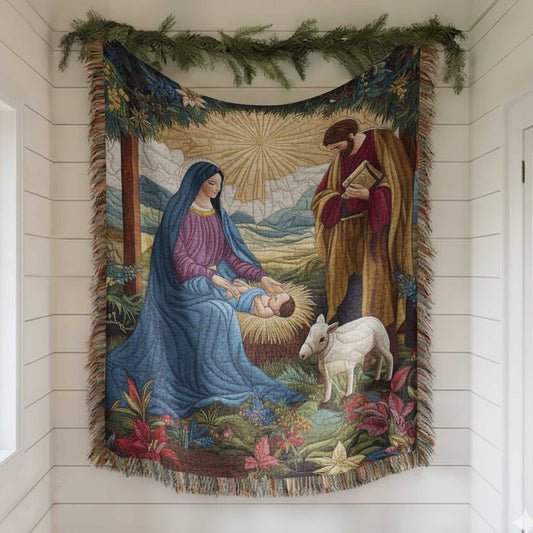 Nativity Faith Insprired 100% Cotton Woven Blanket, Folklore & Traditional Cottagecore Wall Hanging Tapestry, Cozy Throw