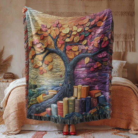 Tree Bookish 100% Cotton Woven Blanket, Folklore Wall Hanging Tapestry, Cozy Throw