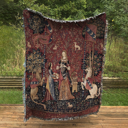 Lady With Unicorn Sense Of Scent 100% Cotton Woven Blanket, Wall Hanging Tapestry, Cozy Throw