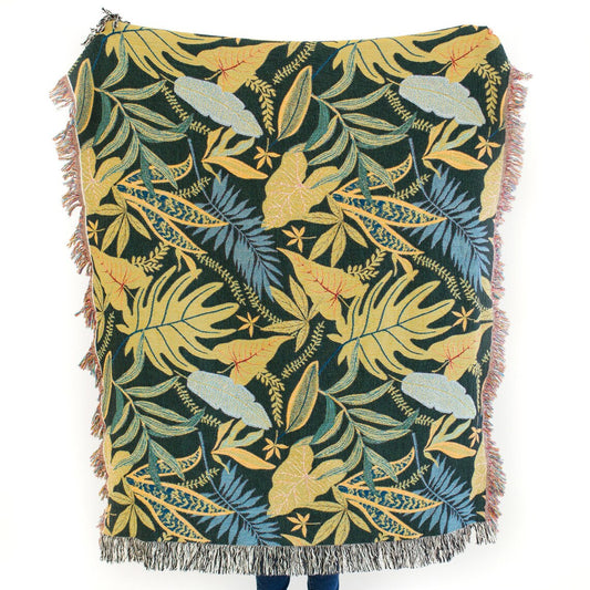 Botanical Leaves 100% Cotton Woven Blanket, Wall Hanging Tapestry, Cozy Throw