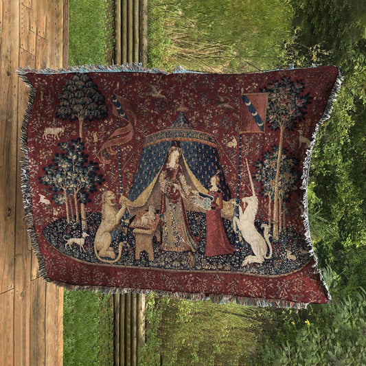 Lady With Unicorn 100% Cotton Woven Blanket, Wall Hanging Tapestry, Cozy Throw