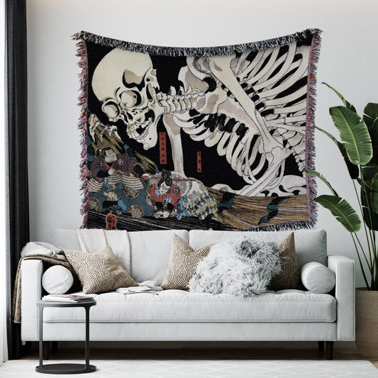 The Witch And The Skeleton 100% Cotton Woven Blanket, Wall Hanging Tapestry, Cozy Throw