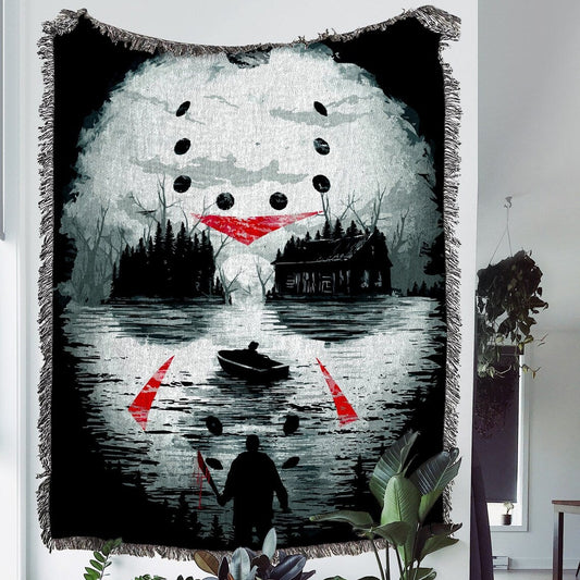Jason Mask 100% Cotton Woven Blanket, Gothic Wall Hanging Tapestry, Cozy Throw, Horror Movie Halloween Decor
