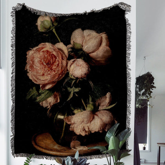 Moody Pink Floral 100% Cotton Woven Blanket, Dark Romantic Botanical Wall Hanging Tapestry, Cozy Throw, Vintage Cottagecore Decor, Heirloom Gothic Garden Couch Accent