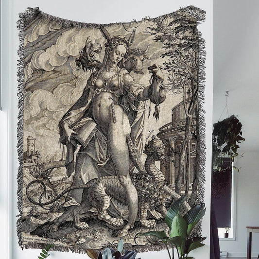 Goddess Heresis Dea 100% Cotton Woven Blanket, Cornelis Bos Renaissance Witchcraft Wall Hanging Tapestry, Cozy Throw, Medieval Occult Allegory Art, Dark Gothic Home Decor