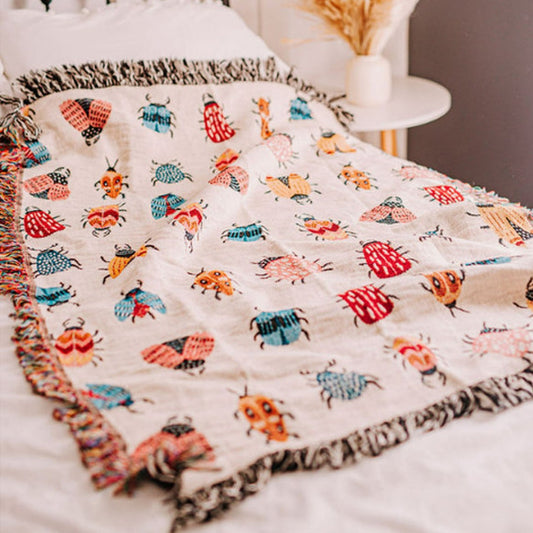 Boho 100% Cotton Woven Blanket, Beetles Wall Hanging Tapestry, Cozy Throw