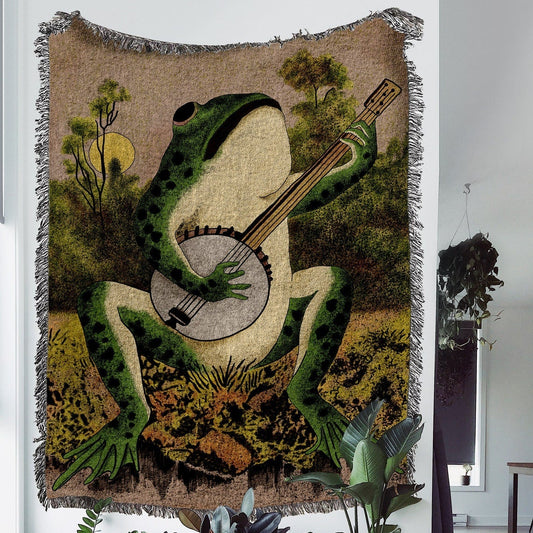 Banjo Frog 100% Cotton Woven Blanket, Vintage Americana Folklore Toad Wall Hanging Tapestry, Cozy Throw, Cottagecore Decor