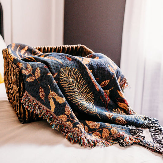 Botanical Leaves 100% Cotton Woven Blanket, Wall Hanging Tapestry, Cozy Throw, Housewarming Gifts