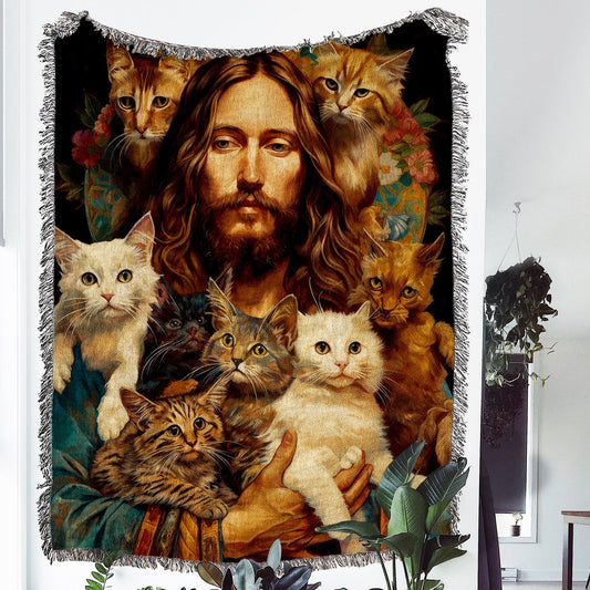 Jesus With Cats 100% Cotton Woven Blanket, Baroque Renaissance Sacred Art Wall Hanging Tapestry, Cozy Throw, Religious Cat Lover Home Decor, Cottagecore Catholic Gift