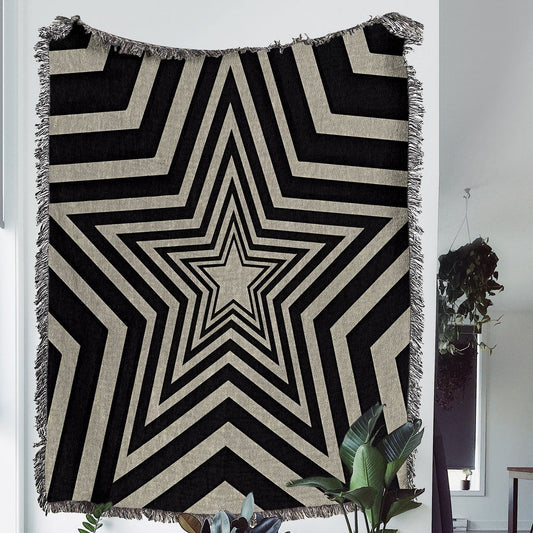 Geometric Star 100% Cotton Woven Blanket, Trippy 70s Psychedelic Wall Hanging Tapestry, Cozy Throw, Retro Mid Century Modern Couch Accent, Goth Home Decor