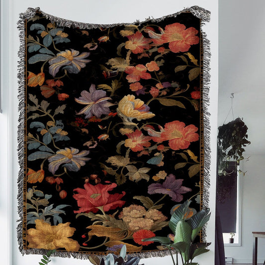 Floral Gothic 100% Cotton Woven Blanket, Wall Hanging Tapestry, Cozy Throw, Dark Academia Cottagecore Decor
