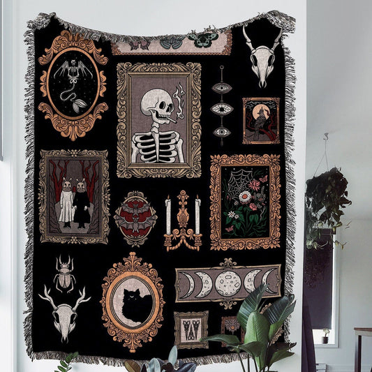 Gothic Gallery 100% Cotton Woven Blanket, Skeleton, Skull, Cat and Moon Wall Hanging Tapestry, Cozy Throw, Witchy Spooky Halloween Gifts