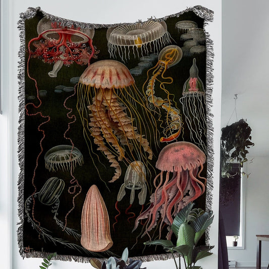 Jellyfish 100% Cotton Woven Blanket, Vintage Nautical Coastal Ocean Wall Hanging Tapestry, Cozy Throw, Beach House Sea Life Decor