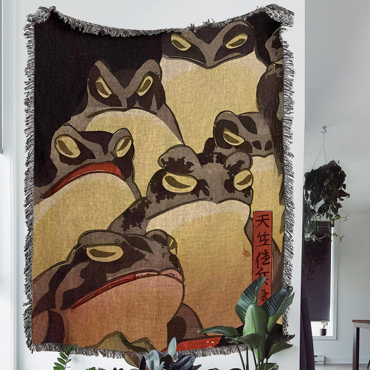 Kuniyoshi Frog 100% Cotton Woven Blanket, Japanese Woodblock Art Wall Hanging Tapestry, Cozy Throw