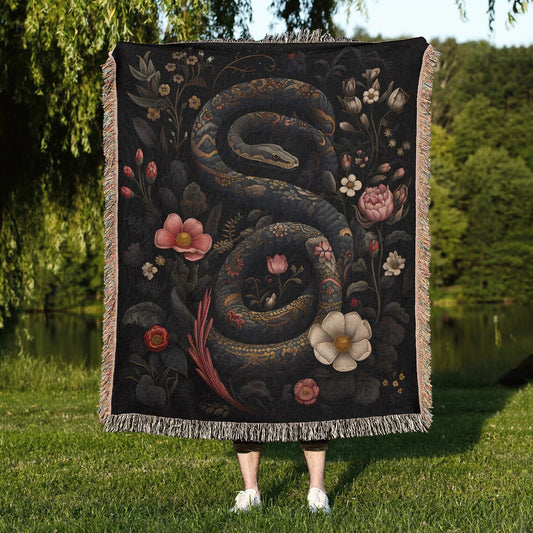 Boho Floral Snake 100% Cotton Woven Blanket, Gothic Botanical Wall Hanging Tapestry, Cozy Throw, Dark Cottagecore Home Decor, Victorian Witchy Serpent Art