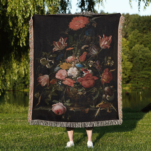 Baroque Floral 100% Cotton Woven Blanket, Gothic Victorian Botanical Art Wall Hanging Tapestry, Cozy Throw, Dark Romantic Vintage Garden Wall Decor, Moody Couch Accent