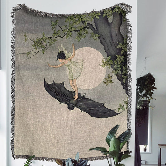 Fairy Riding Bat 100% Cotton Woven Blanket, Vintage Storybook Wall Hanging Tapestry, Cozy Throw, Fairycore Book Nook