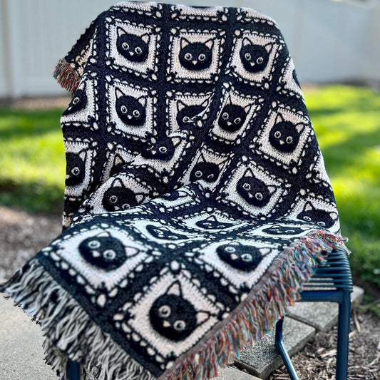 Cat Granny Square 100% Cotton Woven Blanket, Wall Hanging Tapestry, Cozy Throw, Halloween Fall Autumn, Dorm College Student Teen Cat Mom