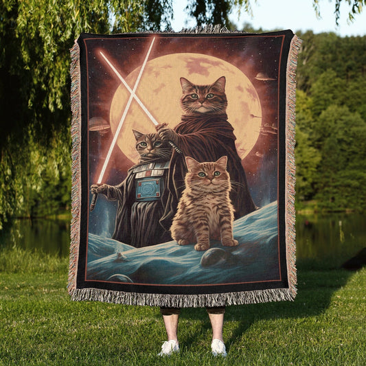Cats Wars 100% Cotton Woven Blanket, Wall Hanging Tapestry, Cozy Throw, Sci-Fi Cat Lover Gift
