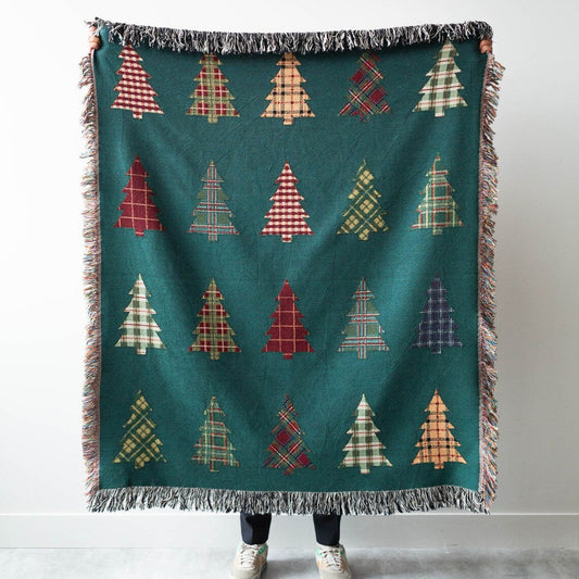 Plaid Trees Christmas 100% Cotton Woven Blanket, Holiday Winter Wall Hanging Tapestry, Rustic Farmhouse Xmas Decor Cozy Throw, Festive Gift