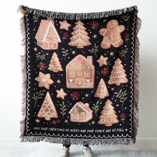 Gingerbread Christmas 100% Cotton Woven Blanket, Holiday Winter Wall Hanging Tapestry, Rustic Farmhouse Xmas Decor Cozy Throw, Festive Gift