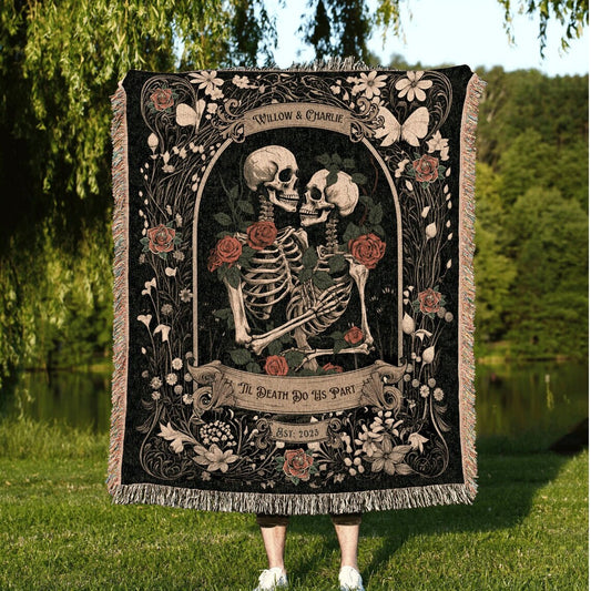 Dark Romantic Skeleton 100% Cotton Woven Blanket,Personalized Wedding Wall Hanging Tapestry, Spooky Halloween Cozy Throw, His & Hers Anniversary Gift