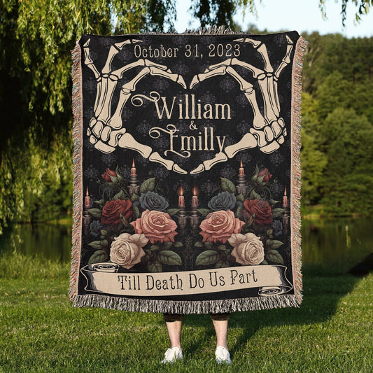 Personalized Skeleton Couple 100% Cotton Woven Blanket, Custom Till Death Do Us Part Wall Hanging Tapestry, Halloween Anniversary Decor Cozy Throw, Gothic Wedding Gift