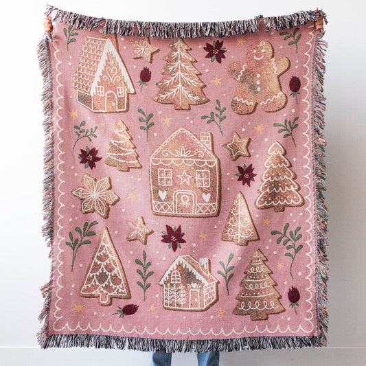 Pink Gingerbread Christmas 100% Cotton Woven Blanket, Holiday Winter Wall Hanging Tapestry, Rustic Farmhouse Xmas Decor Cozy Throw, Festive Gift