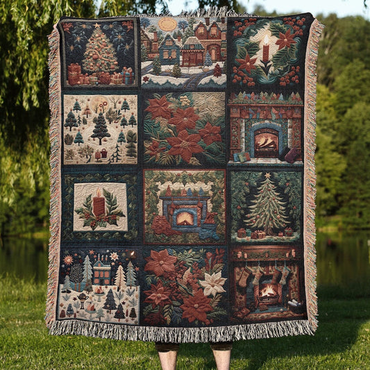 Vintage Christmas Patchwork 100% Cotton Woven Blanket, Holiday Winter Wall Hanging Tapestry, Rustic Farmhouse Xmas Decor Cozy Throw, Festive Gift
