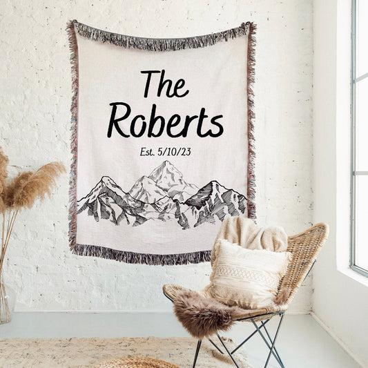 Custom Couple 100% Cotton Woven Blanket, Personalized Mountains Wall Hanging Tapestry, Cozy Throw