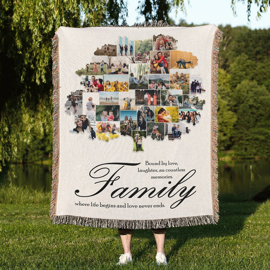 Custom Family Tree Photo Collage 100% Cotton Woven Blanket, Personalized Keepsake Wall Hanging Tapestry, Cozy Throw