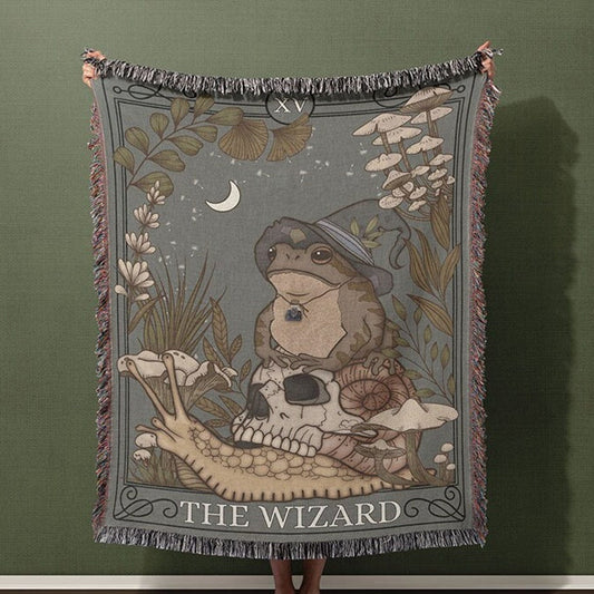 Wizard Frog Tarot Card 100% Cotton Woven Blanket, Witchy Cottagecore Wall Hanging Tapestry, Cozy Throw
