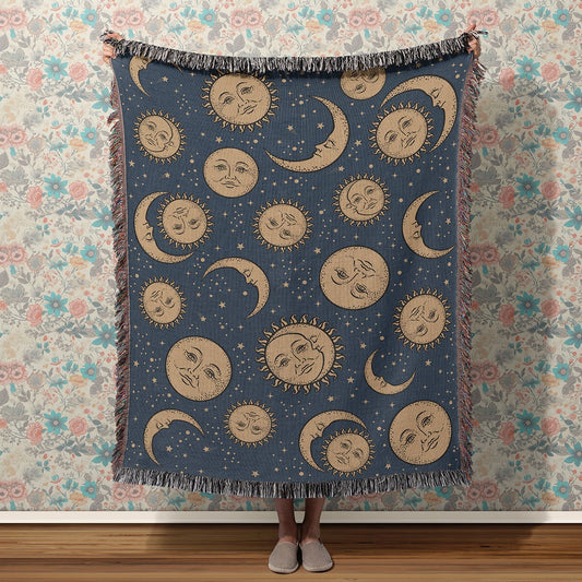 Celestial 100% Cotton Woven Blanket, Retro Sun & Moon Wall Hanging Tapestry, Cozy Throw