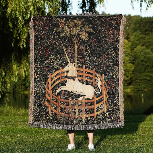 Unicorn In Captivity 100% Cotton Woven Blanket, Medieval Renaissance Wall Hanging Tapestry, Vintage Fantasy Cozy Throw, Forest Cottagecore Home Decor