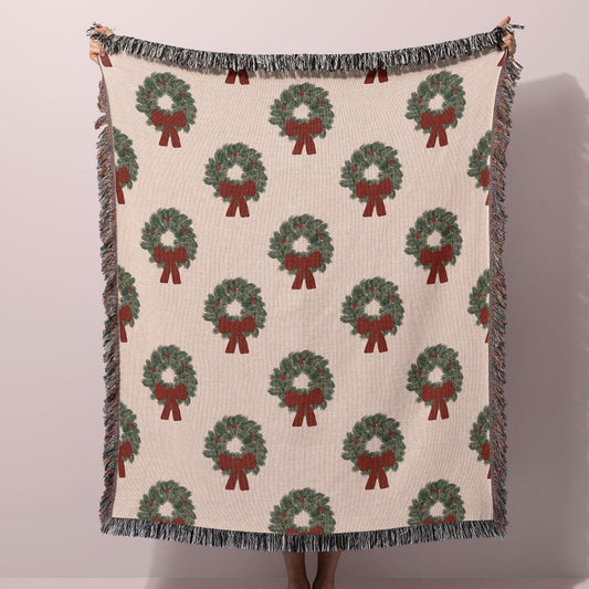 Christmas Wreath 100% Cotton Woven Blanket, Holiday Winter Wall Hanging Tapestry, Rustic Farmhouse Xmas Decor Cozy Throw, Festive Gift