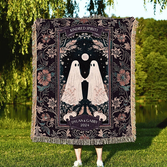 Cute Cottagecore Ghost Lovers 100% Cotton Woven Blanket, Custom Woodland Gothic Couple Wall Hanging Tapestry, Cozy Throw, His & Hers Gift For Anniversary