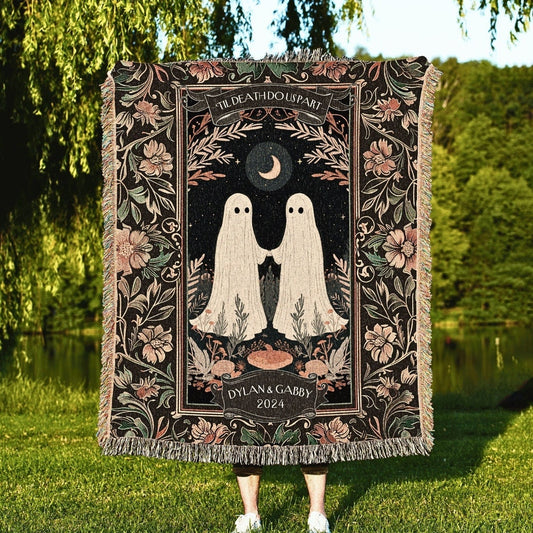 Boho Ghost Couple 'Till Death Do Us Part' 100% Cotton Woven Blanket, Personalized Gothic Wedding Wall Hanging Tapestry, Cozy Throw, His & Hers Anniversary Gift