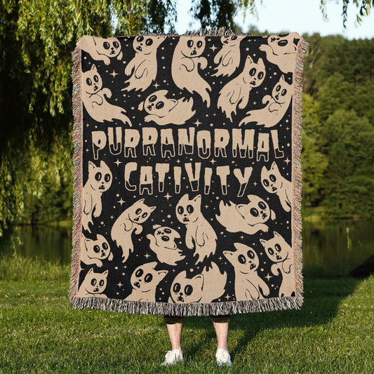 Kawaii Purranormal Cativity 100% Cotton Woven Blanket, Wall Hanging Tapestry, Cozy Throw, Spooky Halloween Cat Decor