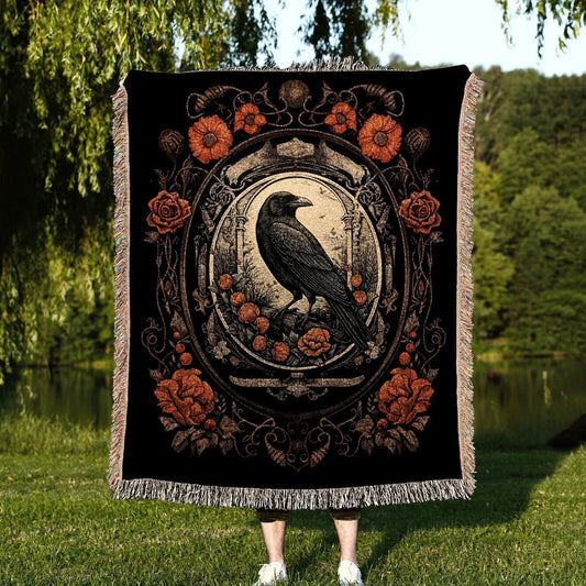 Goth Aesthetic 100% Cotton Woven Blanket, Gothic Home Decor Dark Academia Wall Hanging Tapestry, Cozy Throw, Cottagecore Vintage Occult Crow Decor