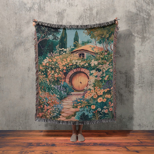 Floral Hobbit Hole 100% Cotton Woven Blanket, Whimsical Woodland Forest Wall Hanging Tapestry, Bookish Cozy Throw, Cottagecore Kids Room Decor, Fantasy Home Design