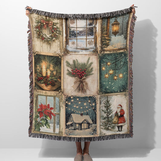 Vintage Christmas 100% Cotton Woven Blanket, Holiday Wall Hanging Tapestry, Cozy Throw, Festive Gifts